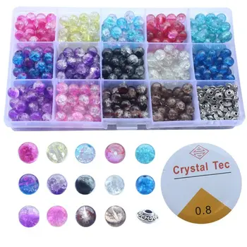 

350Pcs 14 Color 8mm Crackle Lampwork Round Glass Beads with 50Pcs Silver Spacers Stretch Cord Kit for DIY Jewelry Making