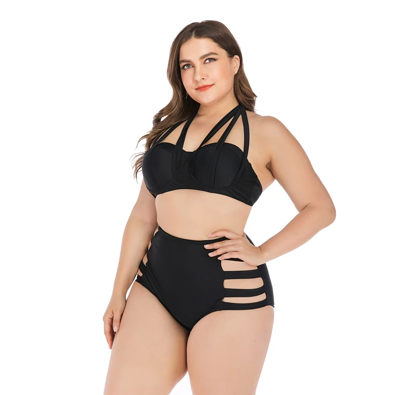 

Plus Size Swimsuit Beach Suit Women Tankini Halter Top High Waist Hollow-out Bikini Swimwear Lady Underwire Padded Bra sSale