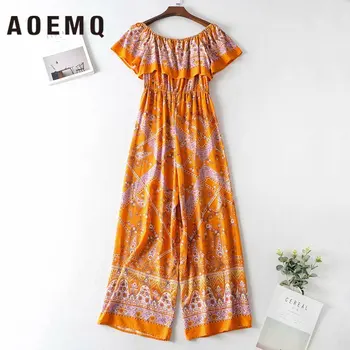 

AOEMQ Folk Style Adults Jumpsuits Beach Sunset Orange Floaral Print Jumpsuits Sleeveless Slash Collar Loose Jumpsuits for Summer