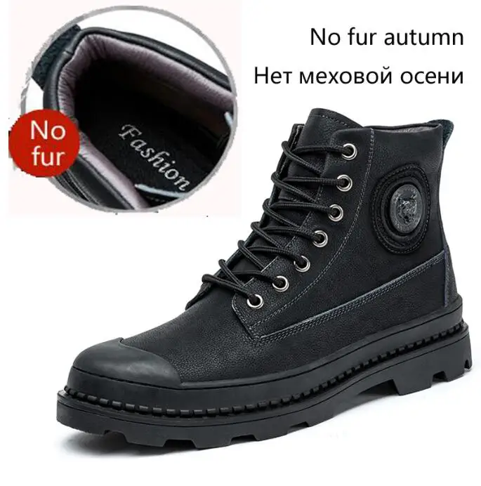 black no fur Мужские ботинки Осень-зима мужские рабочие ботинки из натуральной кожи Удобная уличная Нескользящая повседневная обувь мужские Ботинки martin - Color: black no fur