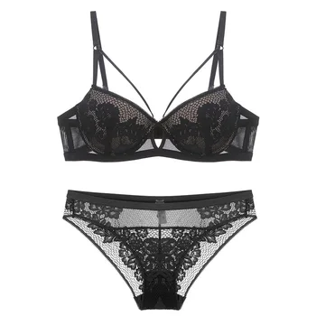 

Sexy Floral Lace Push up Bra Set with Stones Medium Padded Bandage Bra and Panty Set Underwear Women Lingerie White Black Green