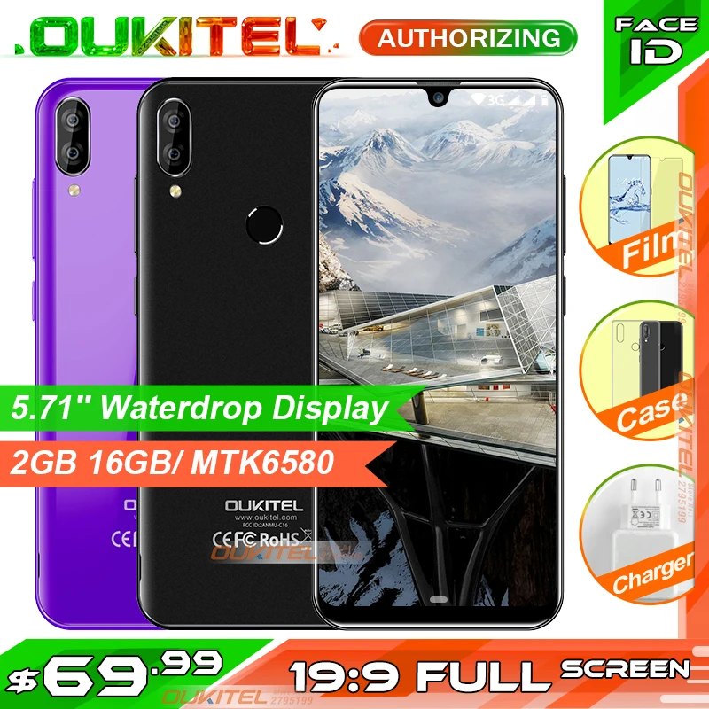

OUKITEL C16 5.71" HD+ Waterdrop Display Smartphone 2GB RAM 16GB ROM MT6580P Android 9.0 Mobile Phone Fingerprint Face ID 2600mAh