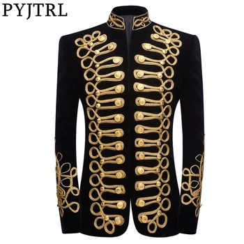 

PYJTRL Mens Plus Size Handmake Black Gold Embroidery Velvet Blazer DJ Singers Nightclub Costume Stylish Suit Jacket Stage Wears