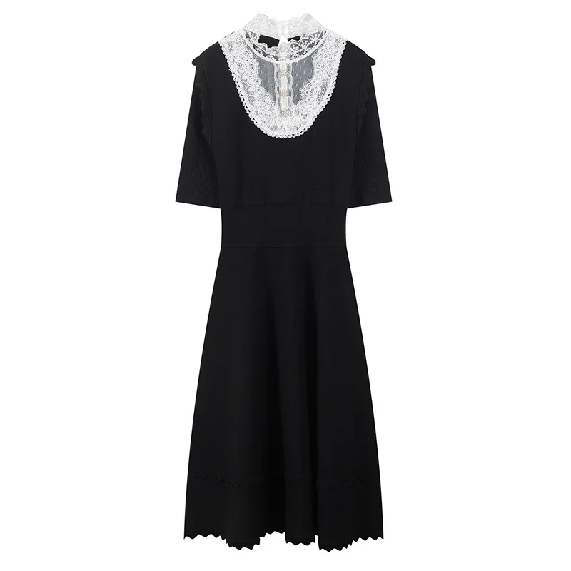 Tunjuefs Slim Fit выдалбливают Поддельные кружева вязаное платье для женщин Vestido оборками элегантные жемчужные кнопки пуловеры с сетчатой вставкой сзади платье с разрезом
