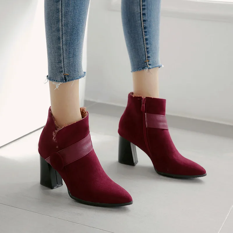 

2019 Autumn Winter New Arrival Hih Heels Short Boots Lare Size Flock Womens Boots Ankle Black Wine Red Bootie Footwear