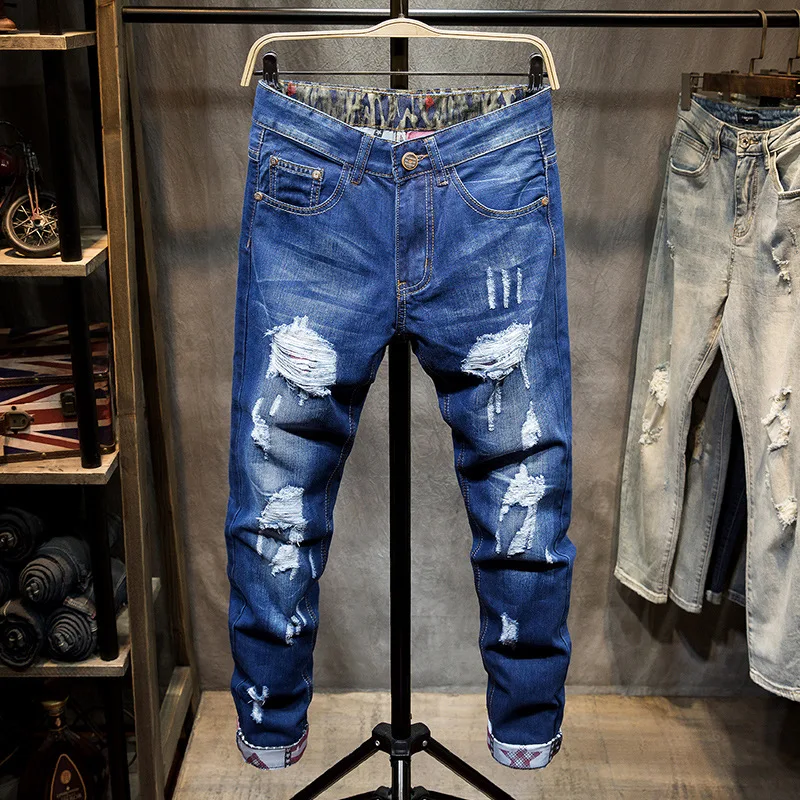 

Europe America New Men's Jeans High Quality Designer Trend Hole Fashion Trouser Personality Simplicity Slim Straight Denim Pants