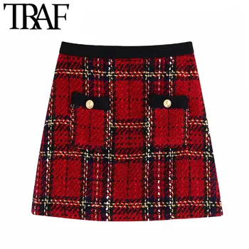 

TRAF Women Vintage Stylish Pockets Plaid Tweed Mini Skirt Fashion A Line Back Zipper Female Skirts Casual Faldas Mujer