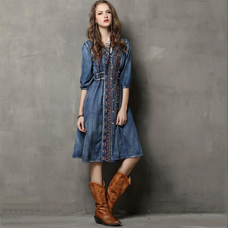 Summer Style Vestidos 2020 Vintage Cotton Denim Dress Half Sleeve V-Neck A-Line All Match Drawstring Loose Women Dresses OK | Женская