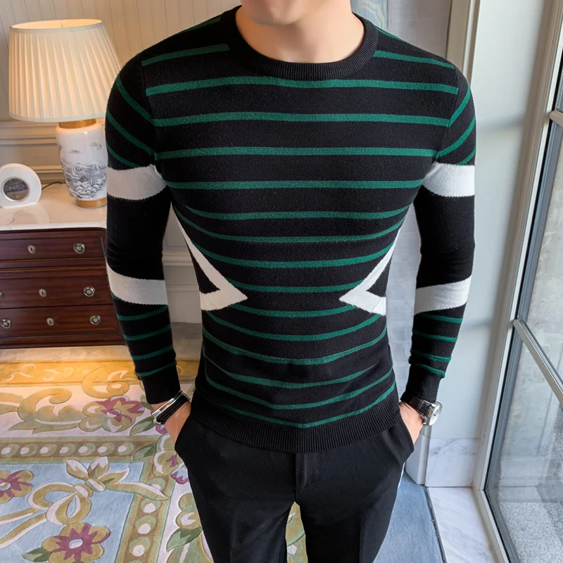Вязаный полосатый свитер, пуловер, свитер для мужчин, Blusa Masculina, корейская мода, Мужская одежда, круглый вырез, длинный рукав - Цвет: green