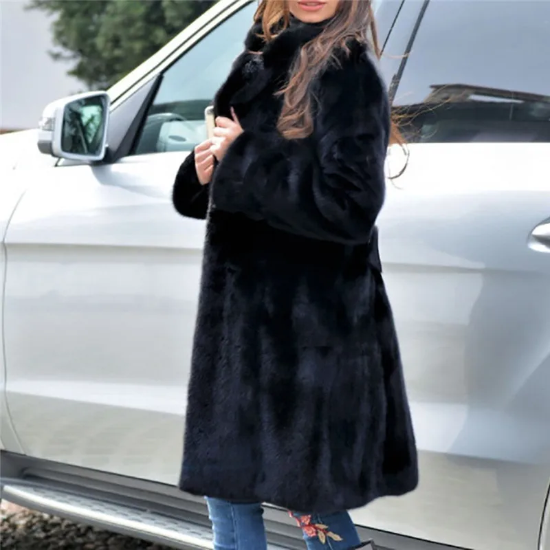 Женская Черная Меховая куртка зимняя длинная норка пальто из искусственного меха с длинными рукавами теплый роскошный искусственный мех пальто из искусственного лисьего Пальто меховое