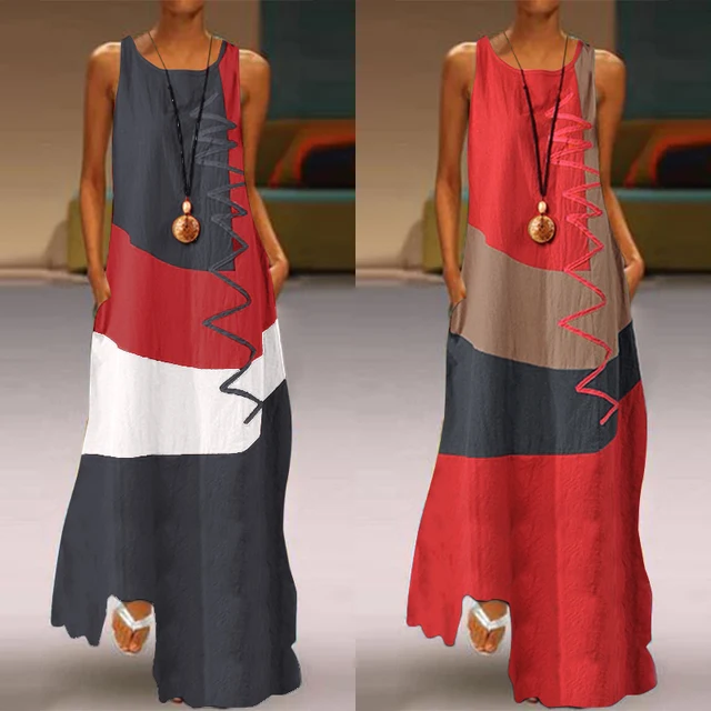 US $14.04 Women Patchwork Sundress ZANZEA 2020 Summer Maxi Dress Kaftan Casual Sleeveless Tunic Vestido Femal