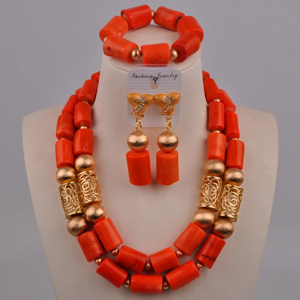 

Fashion Orange Nigerian Coral Beads African Wedding Necklace Bridal Jewelry Sets 21-E2-02