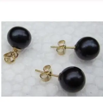 

Free shipping new hot Perfect set of AAA10-11mm round south sea black pearl pendant earring 14k