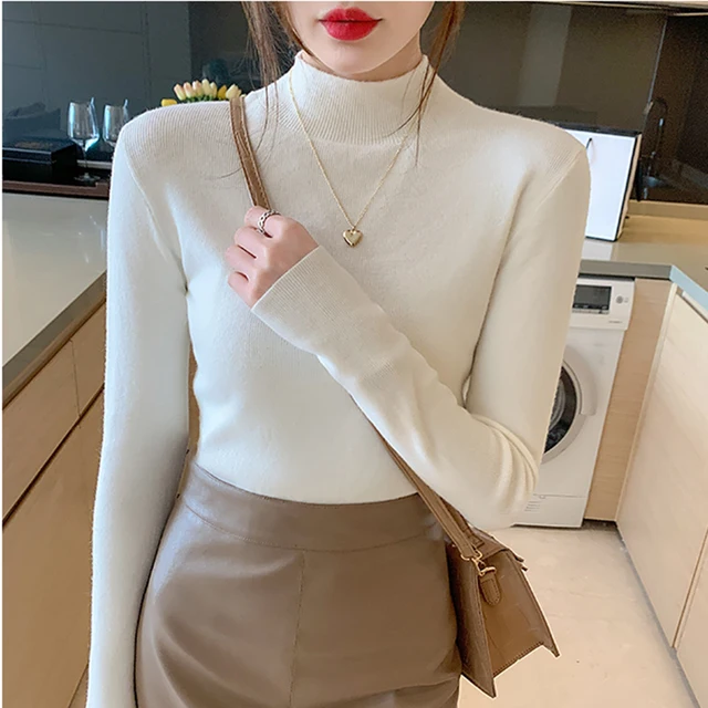 AOSSVIAO Turtleneck Sweater Women Fashion 2021 New Stretch Tops Women Knitted Pullovers Long Sleeve Bottoming Knitted Sweater white