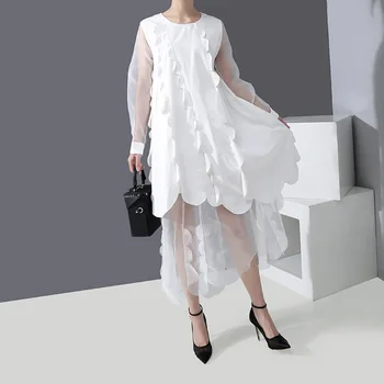 

New 2020 Elegant Women Solid White Spring Irregular Mesh Dress Long Sleeve Mesh Hem Ruffles Ladies Charming Party Short Dress