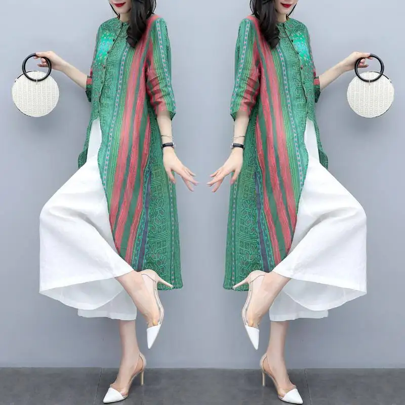 

2019 New Style Large Size Dress Summer Wear Two-Piece Pants Tops Cotton Linen Loose Pants Casual Fashion WOMEN'S Suit Western St