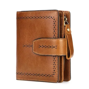 

Women's Wallet New Leather Wallet Women's Short Zipper Bag Oil Wax Card Bag