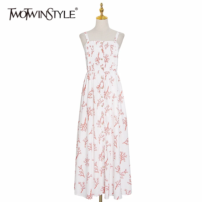 TWOTWINSTYLE Elegant Print Dresses Female Square Collar Spaghetti Strap High Waist Side Split Hit Color Summer Dress Women Tide TWOTWINSTYLE Elegant Print Dresses Female Square Collar Spaghetti Strap High Waist Side Split Hit Color Summer Dress Women Tide