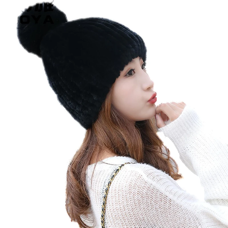 Style 6 Настоящий мех кролика шапки для женщин зимние теплые Skullies Beanie шапка с лисьим меховым помпоном - Цвет: Style 6