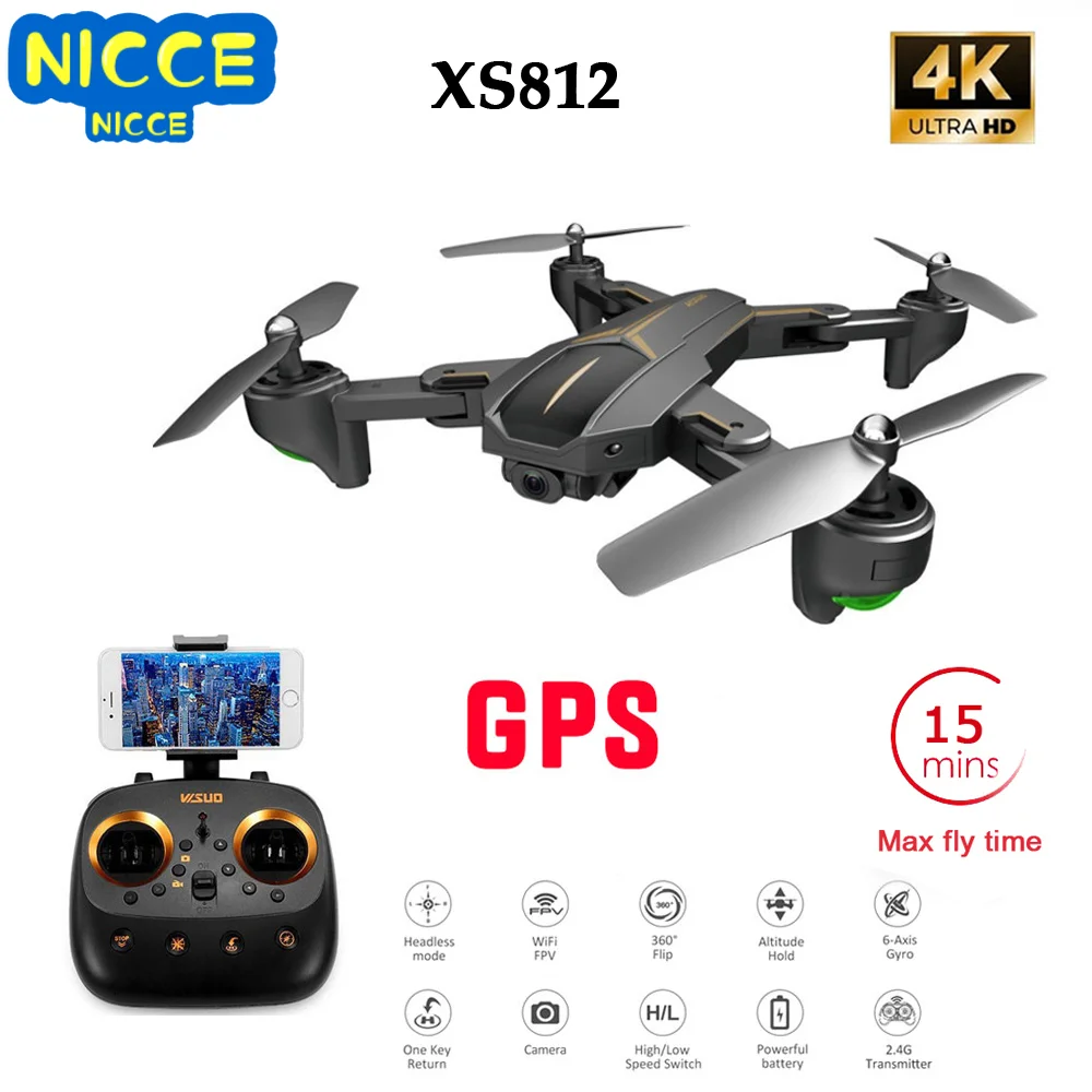 Складной Радиоуправляемый квадрокоптер Nicce XS812 GPS Wi-Fi FPV камера 4K FHD время полета 15