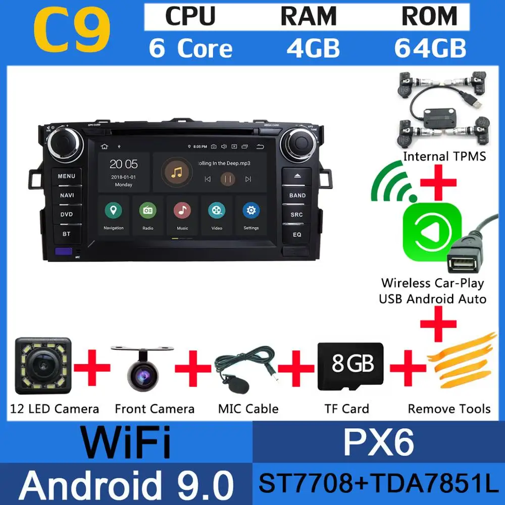 " PX6 4G+ 64G Android 9,0 для Toyota Auris 2006 2007 2008 2009 2010 2011 Автомобильный DVD Радио gps навигации DSP CarPlay - Цвет: PX6 Wl CarPlay TPMS