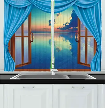 

Seascape Kitchen Window Curtains Open Window View with Ocean Sea Sunset Modern Scenery Cloudscape and Sky Window for Kitchen
