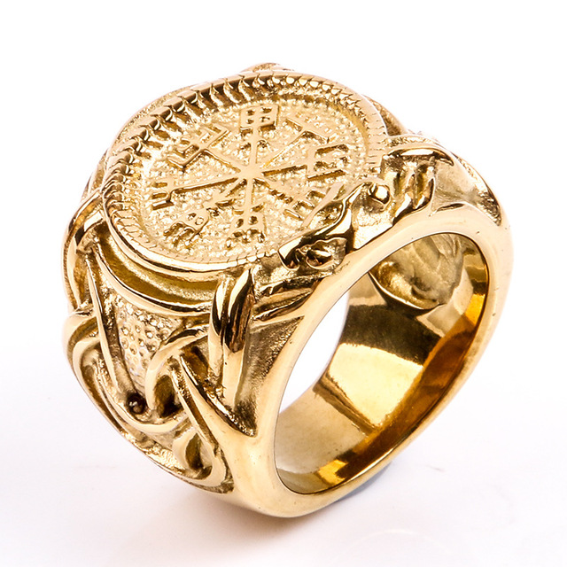 Viking 316L Stainless Steel Compass Odin Rune Vegvisir Ring for Men Punk Retro Amulet Jewelry Ring Male Bijoux