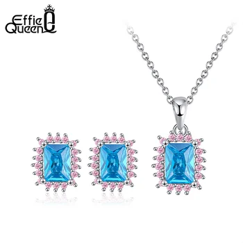

ORSA JEWELS Glittering Blue Pink Square Crystal Stone Jewelry Set Authentic 925 Silver Luxury Earring Necklace Fine Jewelry SS93