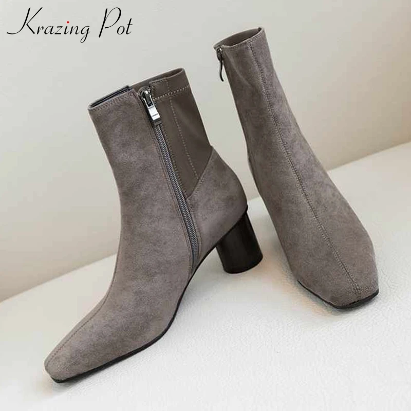 

krazing pot flock zipper design winter color Chelsea boots square toe roud high heels winter all-match handmade ankle boots L43