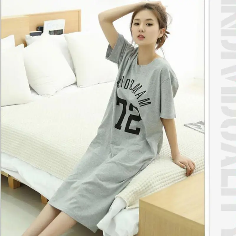 Summer Ladies Milk Silk Letter Dot Striped Print Loose Long Nightdress Home O Collar Short-sleeved Nightdress Rk