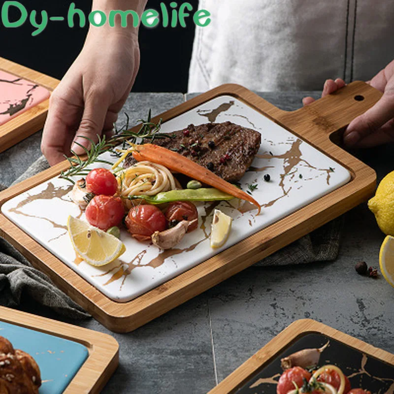 

Nordic Four-Color Optional Ceramic Bronzing Marble Pattern Rectangular Steak Western Household Anti-Scalding Wooden Square Plate