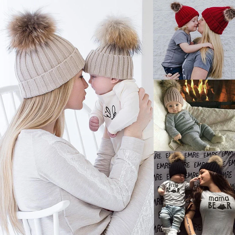 Модная подходящая шляпа Для женщин детские теплые, зимние, Вязаные Шапочка мех с помпоном-кисточкой шляпа «кроше» Футболки «Мама и я» лыжные Кепки набор