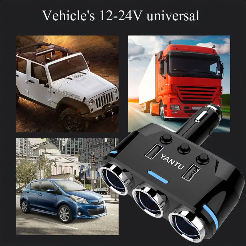 DC 12V-24V Universal 100W Power Adapter 3-Way Cigarette Lighter Socket Splitter Dual USB Ports 2.1A Car Charger Convertor | Инструменты