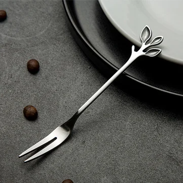 silver Fork Ложка из нержавеющей стали, маленькая свежая ветка для перемешивания, кофейная ложка, лист, фруктовая вилка, подарок, титановая красочная посуда с покрытием - Цвет: silver Fork