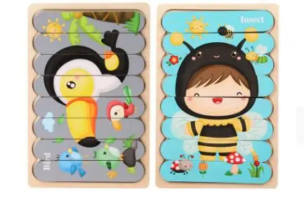 Double Sided Strip 3D Puzzles Baby Toy Wooden Montessori Materials Educational Toys For Children Large Bricks Kids Learning Toys Burgundy