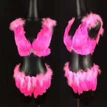 Ночной клуб бар DJ женский певец сексуальный сценический костюм бикини Подиум розовый красный бюстгальтер с перьями шорты костюм вечерние Одежда для сцены DL5139