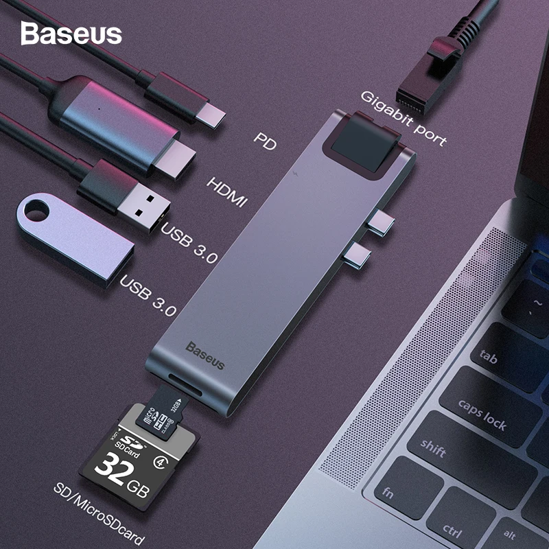 Baseus Dual USB C HUB To USB 3.0 HDMI SD TF Card Reader RJ45 Adapter PD Charging USB HUB For MacBoo