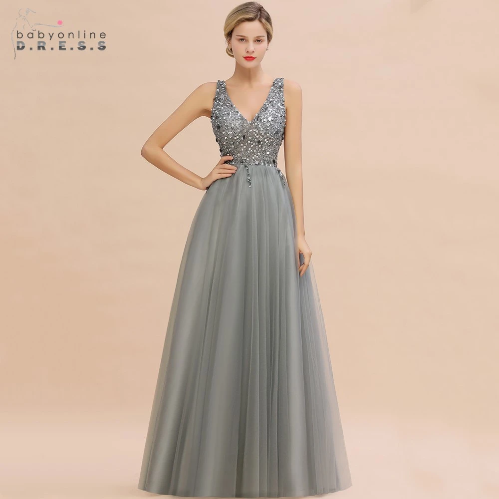 Vestido de Festa Deep V-neck Prom Dresses Long  Sexy Backless Sequins Prom Gown A-line Gray Silver Vestido Formatura ball gown prom dresses