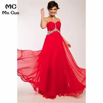 

Elegant 2019 Halter Red Evening Dresses Long Beaded Crystals Sweep Train Chiffon Prom Gown Evening Dress for Women