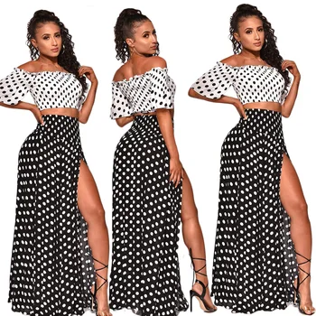 

Summer Clothes for Women 2 Piece Sets Conjunto Feminino Polka Dot Off shoulder Crop Top High Split Skirt Set Sexy Club Outfits