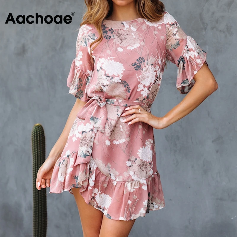 Aachoae 2020 Summer Floral Print Mini Dress Women O Neck Ruffle Elegant Sashes Dresses Ladies Short Sleeve Casual Beach Sundress Aachoae 2020 Summer Floral Print Mini Dress Women O Neck Ruffle Elegant Sashes Dresses Ladies Short Sleeve Casual Beach Sundress