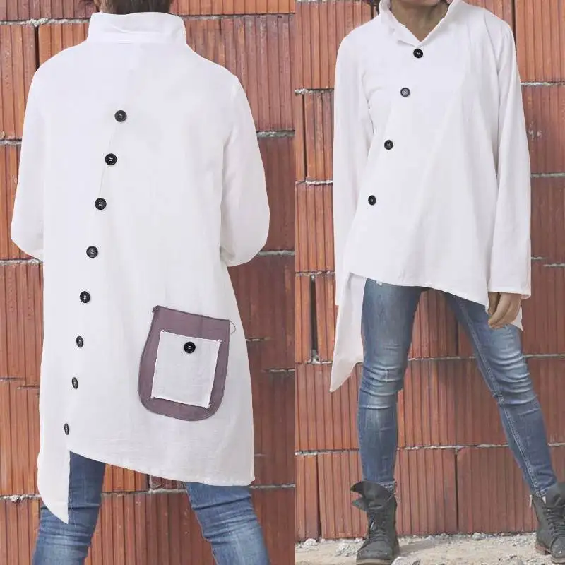 Skup Plus rozmiar asymetryczna tunikowe bluzki kobiety w stylu Vintage bawełniane bluzki Celmia 2019 moda z długim rękawem luźne guziki kieszenie koszule Blusa