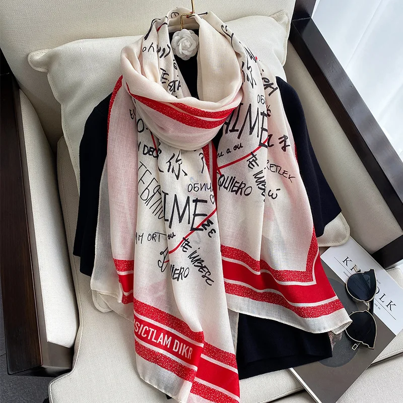 

2021 Winter Fashion Cotton And Linen Scarf Popular Letter Print Beach Towel Summer Sunscreen Scarves New Lady Seaside Shawls