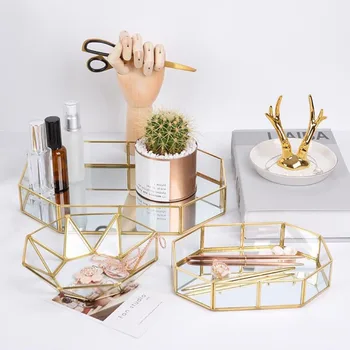 

Retro Brass Storage Tray Golden Polygon Glass Makeup Organizer Tray Dessert Snack Plate Jewelry Display Stand Home Kitchen Decor