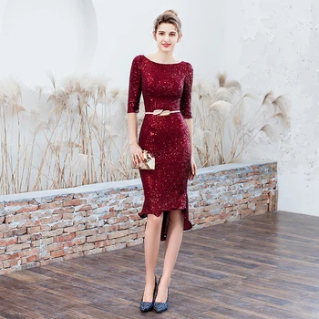 

Short Front Long Back Mermaid Evening Dress Women Sequined Party Gown Elegant With Sleeves Burgundy Ladies Solid Sexy Robes 2020
