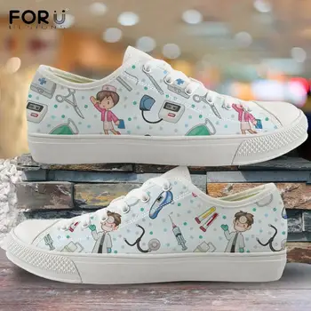 

FORUDESIGNS Cute Cartoon Nurse/Doctor Printed Woman Low Top Canvas Shoes Spring/Autumn Lace Up Sneakers Casual Vulcanized Shoes