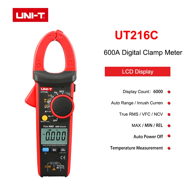 Цифровой токоизмерительный прибор UNI T UT216C 600A NCV V.F.C мультиметр с ЖК дисплеем и