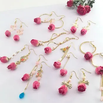 

1Pair Natural Dried Flower Earrings Gold Pink Rose Petal Women Drop Earring Party Real Dry Flower Jewelry