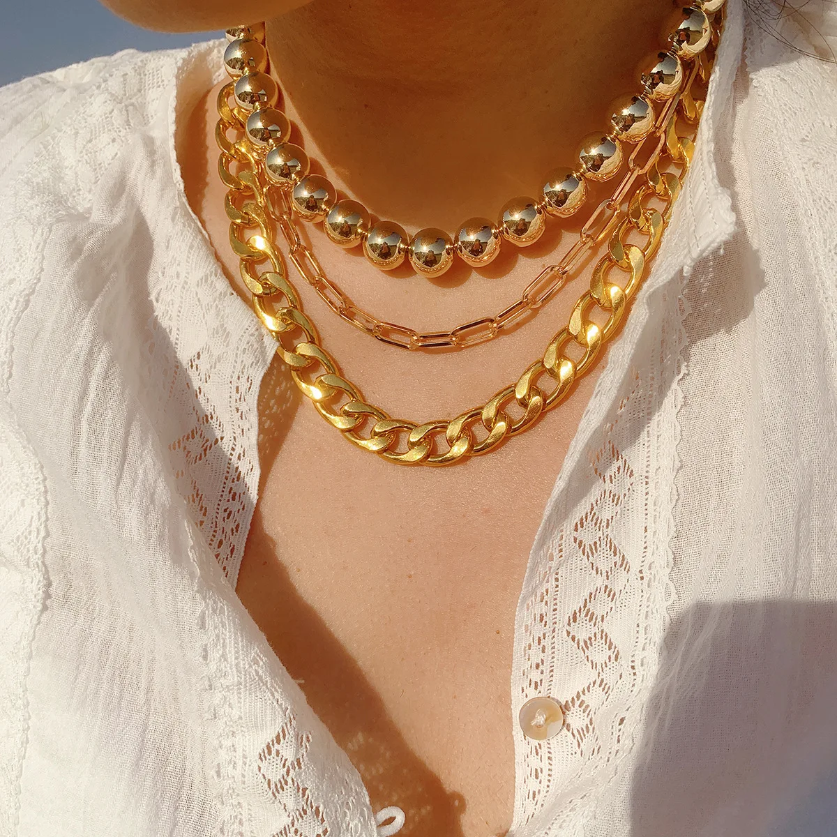 Hip Hop Punk Gothic Round Beaded Clavicle Necklace Women's Cuban Thick Metal Charm Multilayer Necklaces Set Girl Party Jewelry |