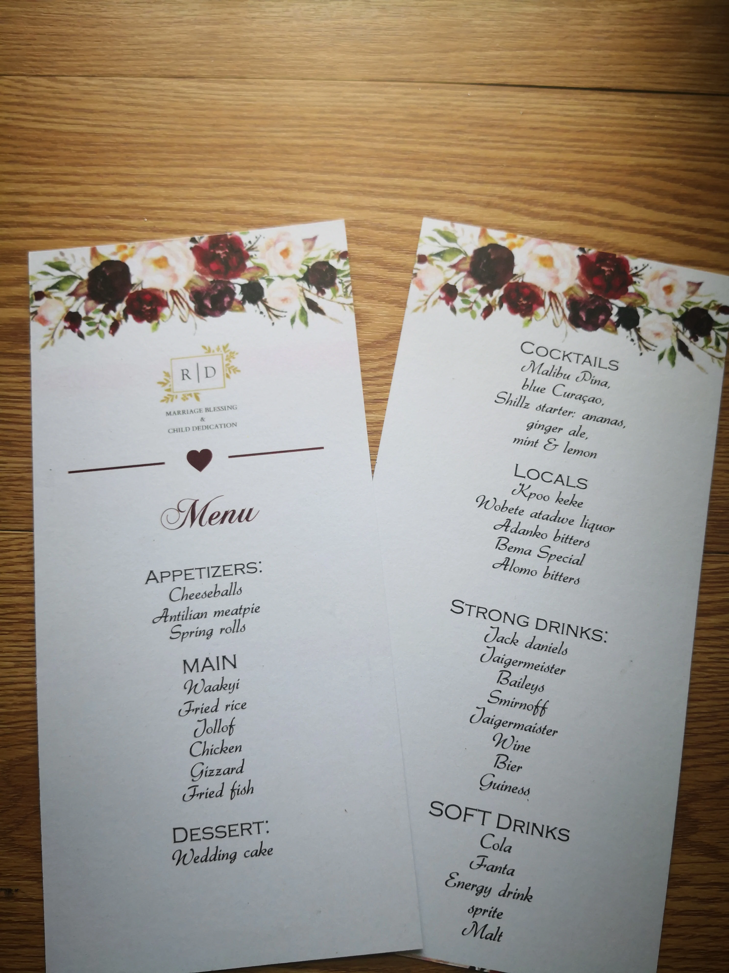

50pcs/lot Personalized menu burglary flower menu whole set available